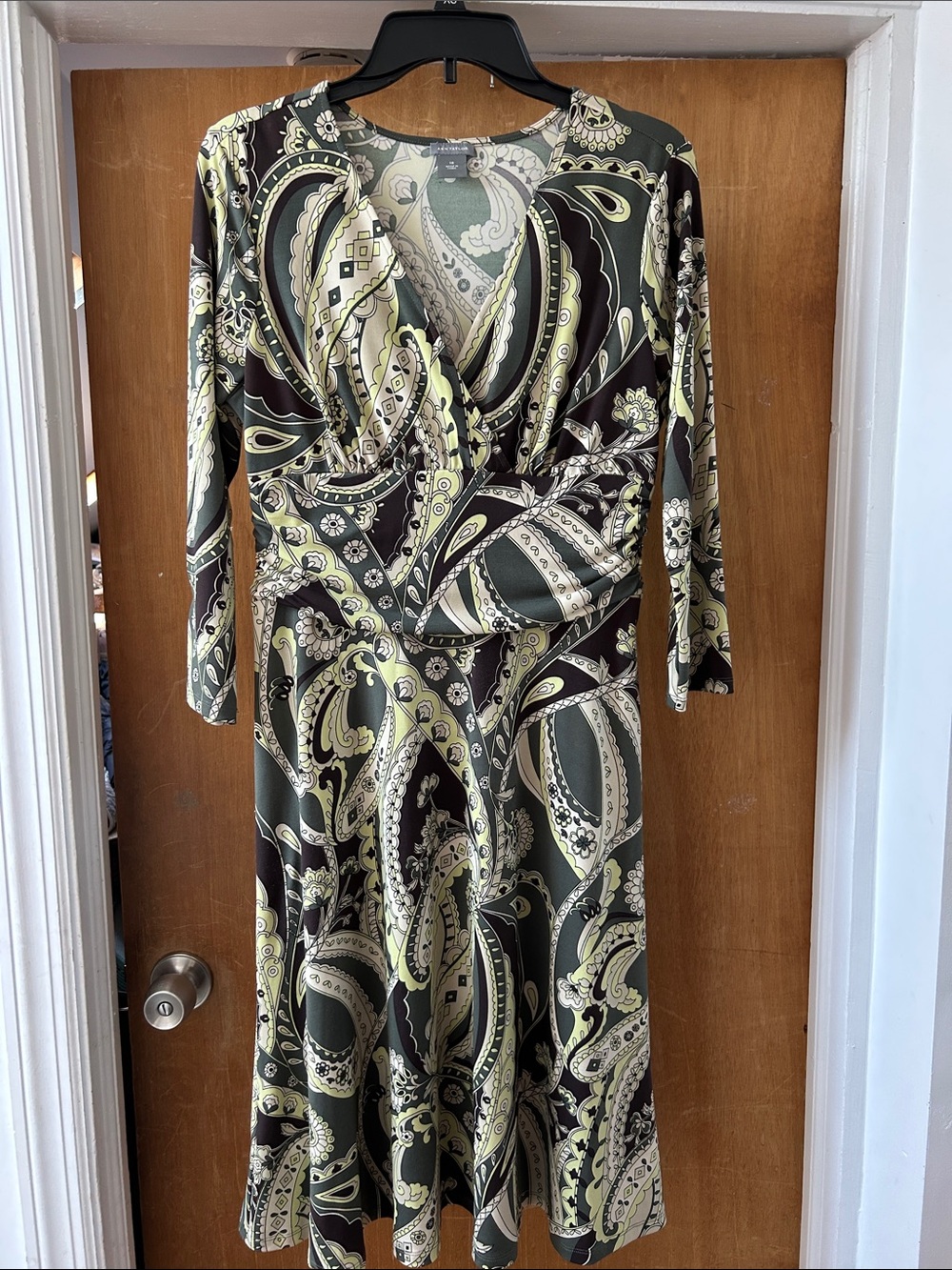 Ann Taylor Paisley Midi Dress in Olive and Cream